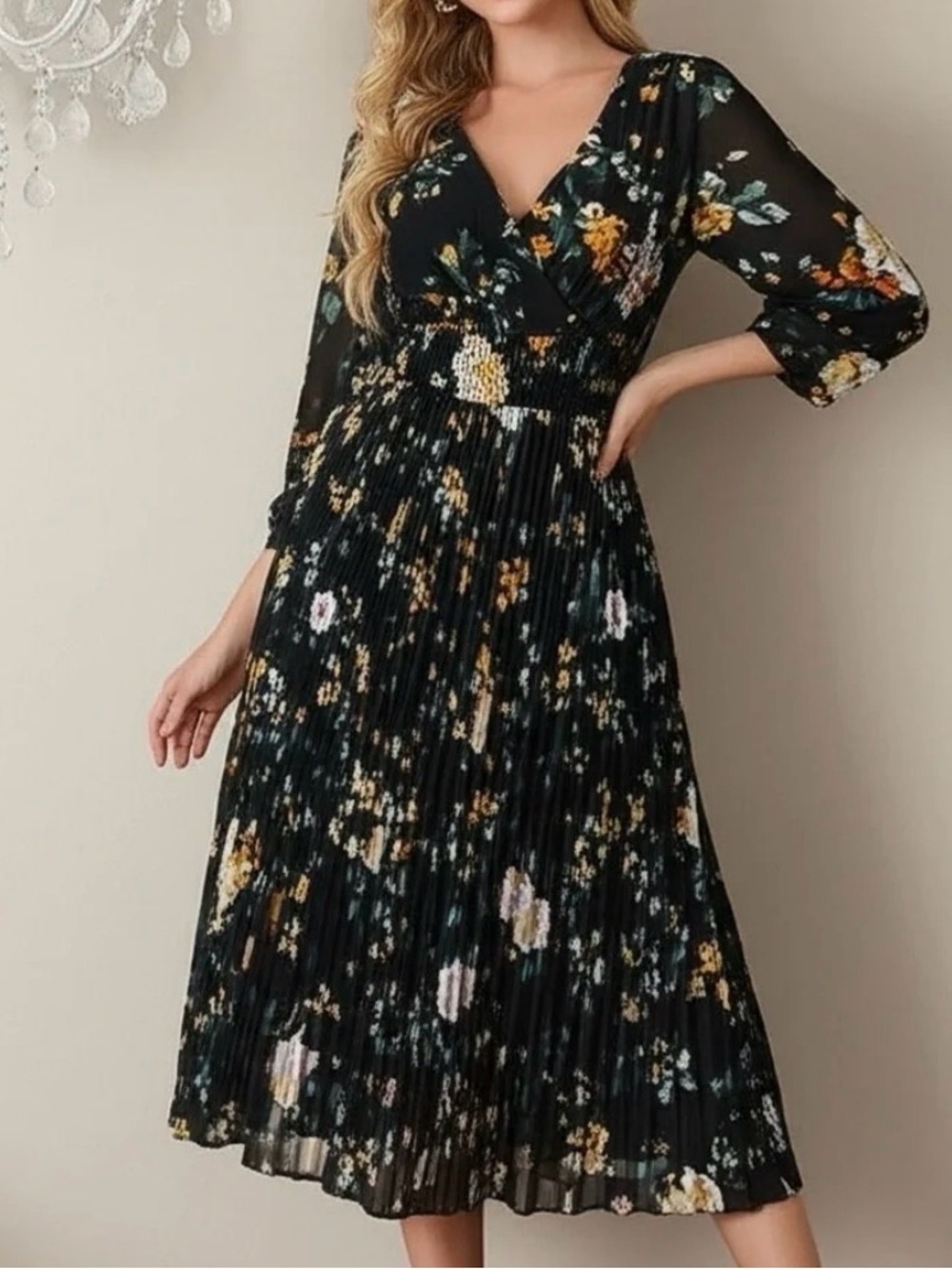 Indigo Rose Sheer Faux Wrap Floral Dress size S